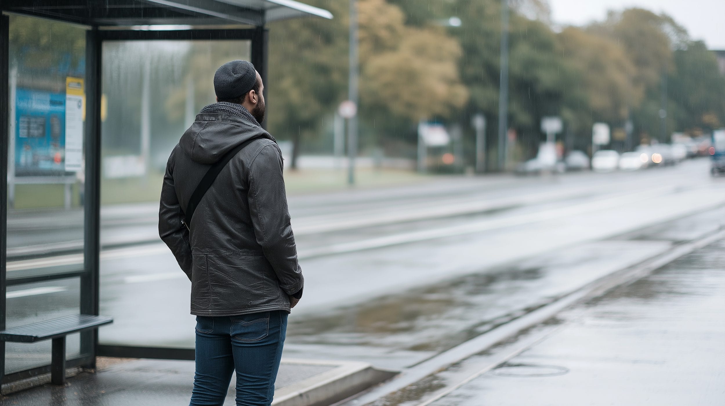Man in rain at bus stop commuting to his therapy session. He should be doing virtual therapy instead for convenience. 
